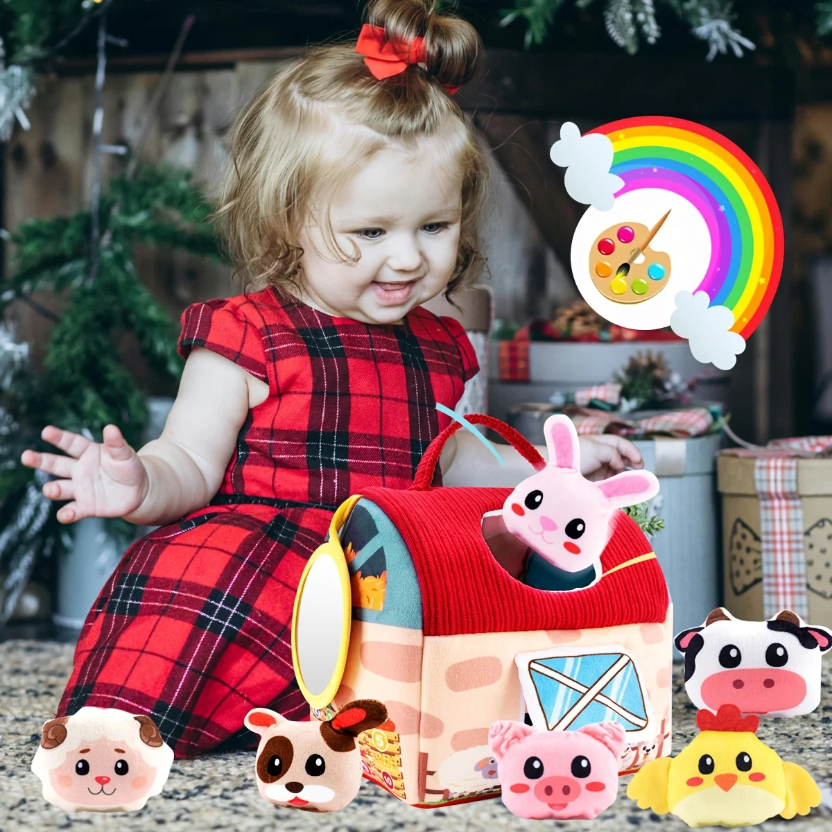 Kinderüberraschungsscheune mit ausgestopften Bauernhoftieren, Rassel, Knisterpapier und Spiegelspielzeug, sensorischen Bällen für Kinder, Weihnachtsgeschenke