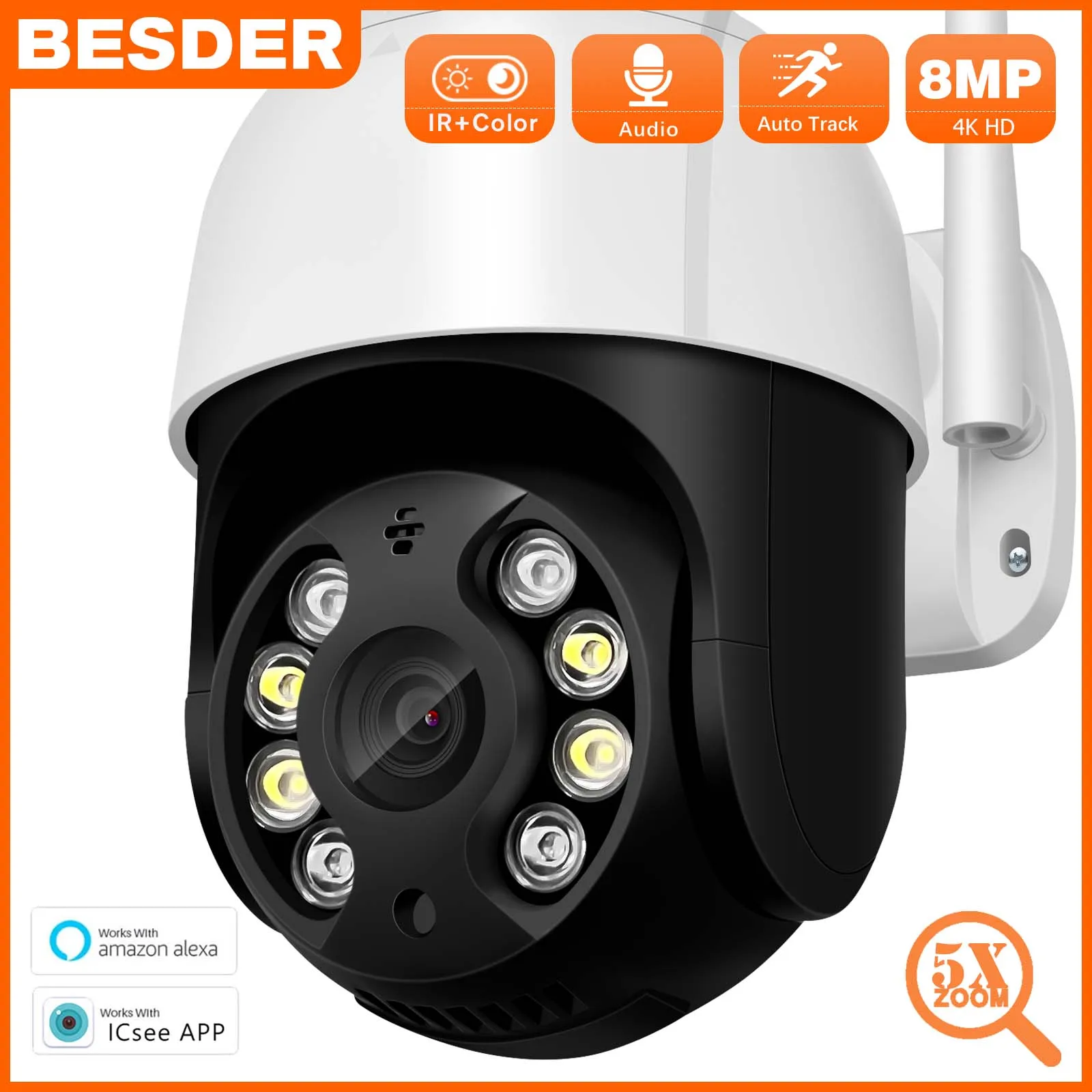 

BESDER PTZ Wifi IP Camera Outdoor 5X Digital Zoom AI Human Detect Wireless Camera H.265 P2P Audio 8MP 4K Security CCTV Camera