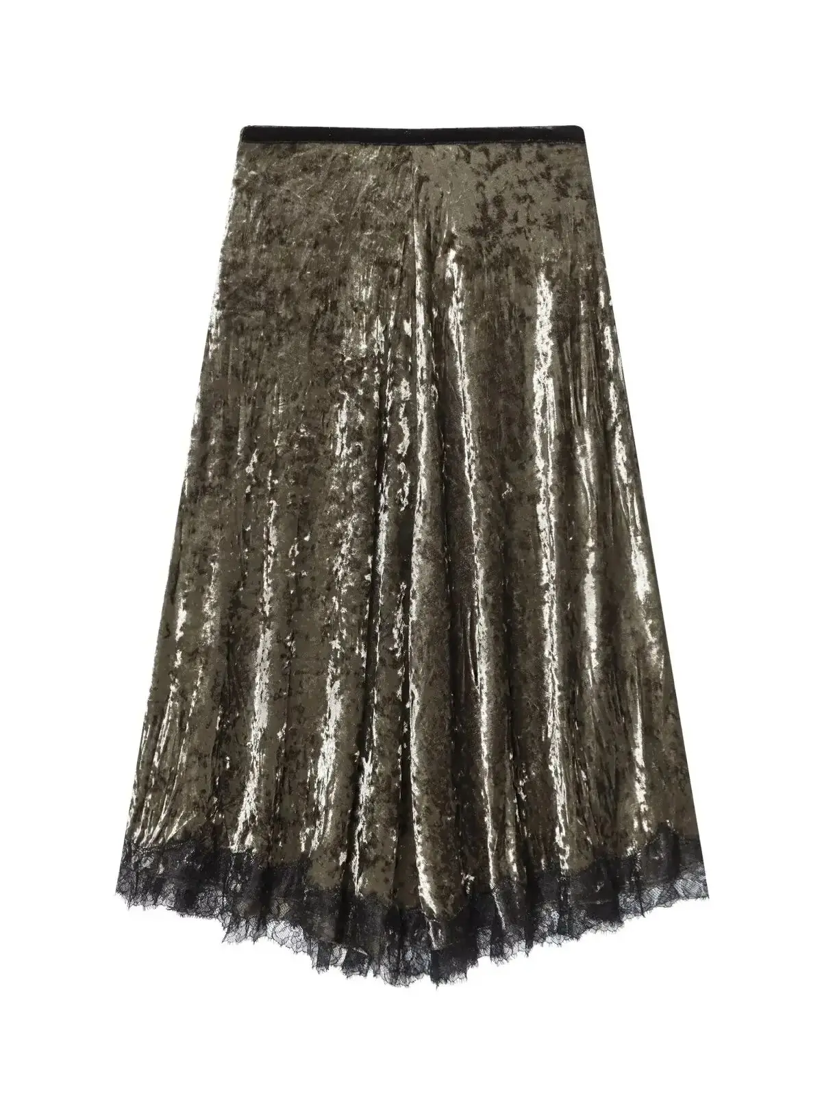 

2025 New Autumn Winter Fashion Women's European Vintage Lace + Velvet Skirts Lady Elegant Zipper Chic Evening Party Long Skirt