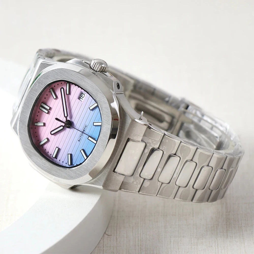 nh35 Watch 41mm Pink Blue No Logo Automatic Mechanical Watches Nautilus Waterproof Steel Strap WristWatch Sapphire Glass Case