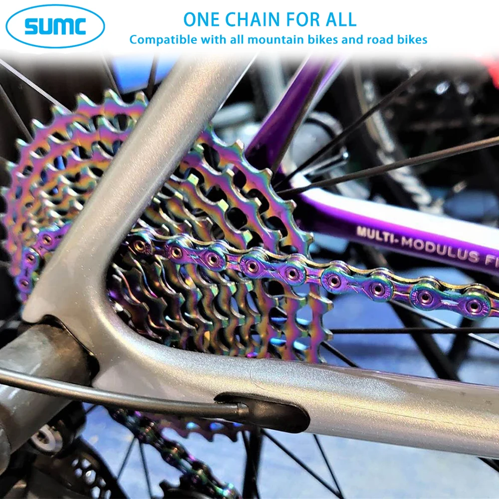 SUMC Bicycle Chain 9/10/11/12 Speed Rainbow Chain Hollow Semi-hollow Chain Magic Buckle Road Bike MTB Compatible 116/126L Weight