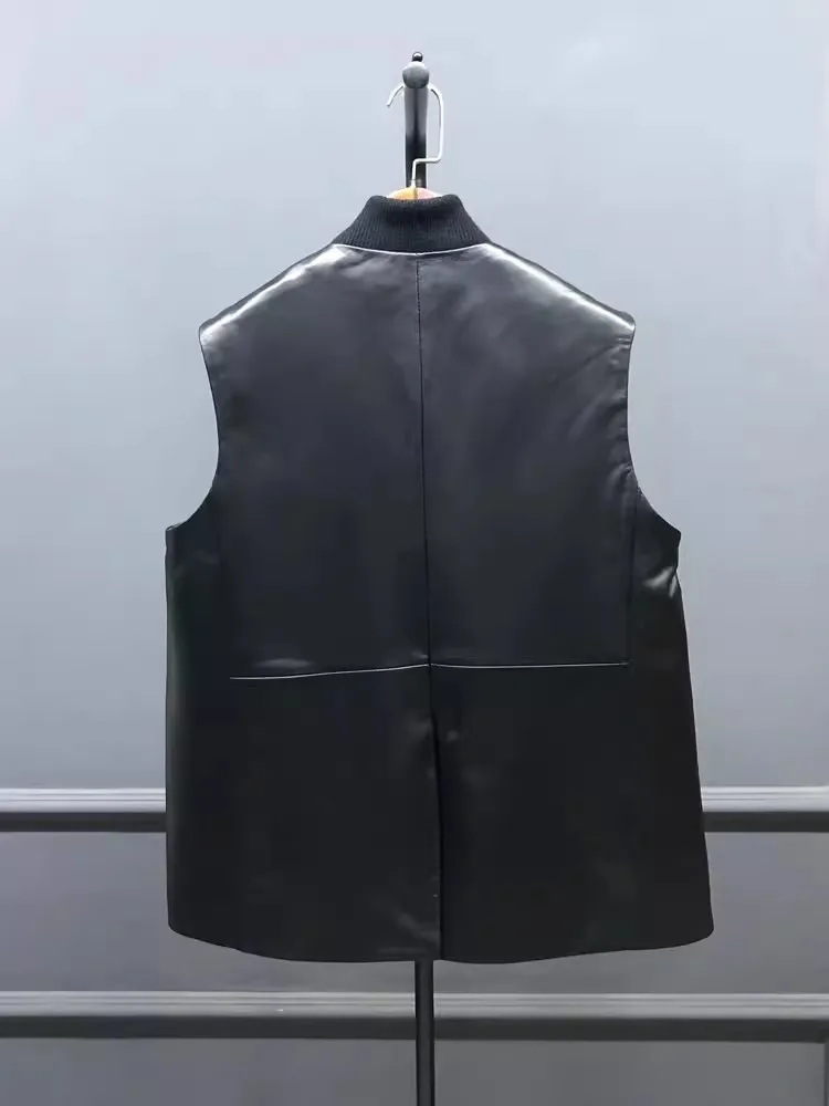 Single Breasted O-Neck Fashion Women Black Vest Genuine Leather Sleeveless Jacket Designer Spring Autumn Female Casual Waistcoat