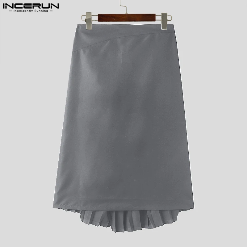 INCERUN-faldas plisadas con cremallera para hombre, pantalones informales de moda, holgados e irregulares, ropa de calle dividida, 2023