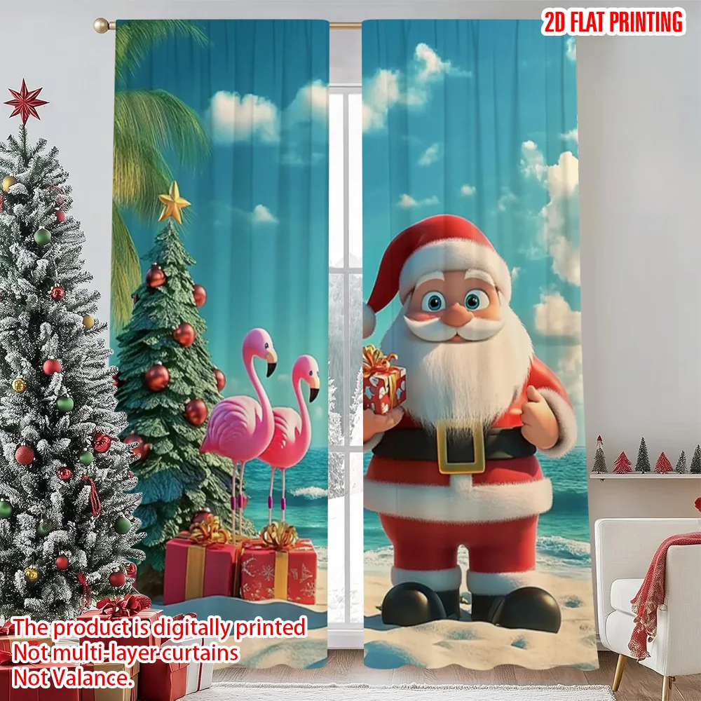 

2pcs 2D flat printing Christmas Window Curtains Santa Claus Beach Christmas Versatile Fabric Without Electricity Party
