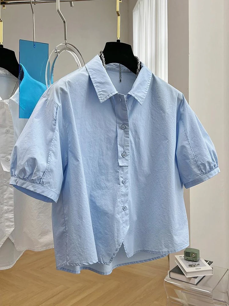 2024 Spring/Summer Korean New Preppy Style Bubble Sleeve Shirt Vintage Top Fashion Casual Loose Short Shirt