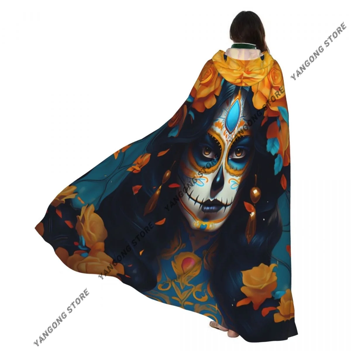 

Day Of The Dead Sugar Skull Woman With Flowers In Her Hair Hooded Cloak Coat Cosplay Vampire Devil Wizard Cape Gown Party