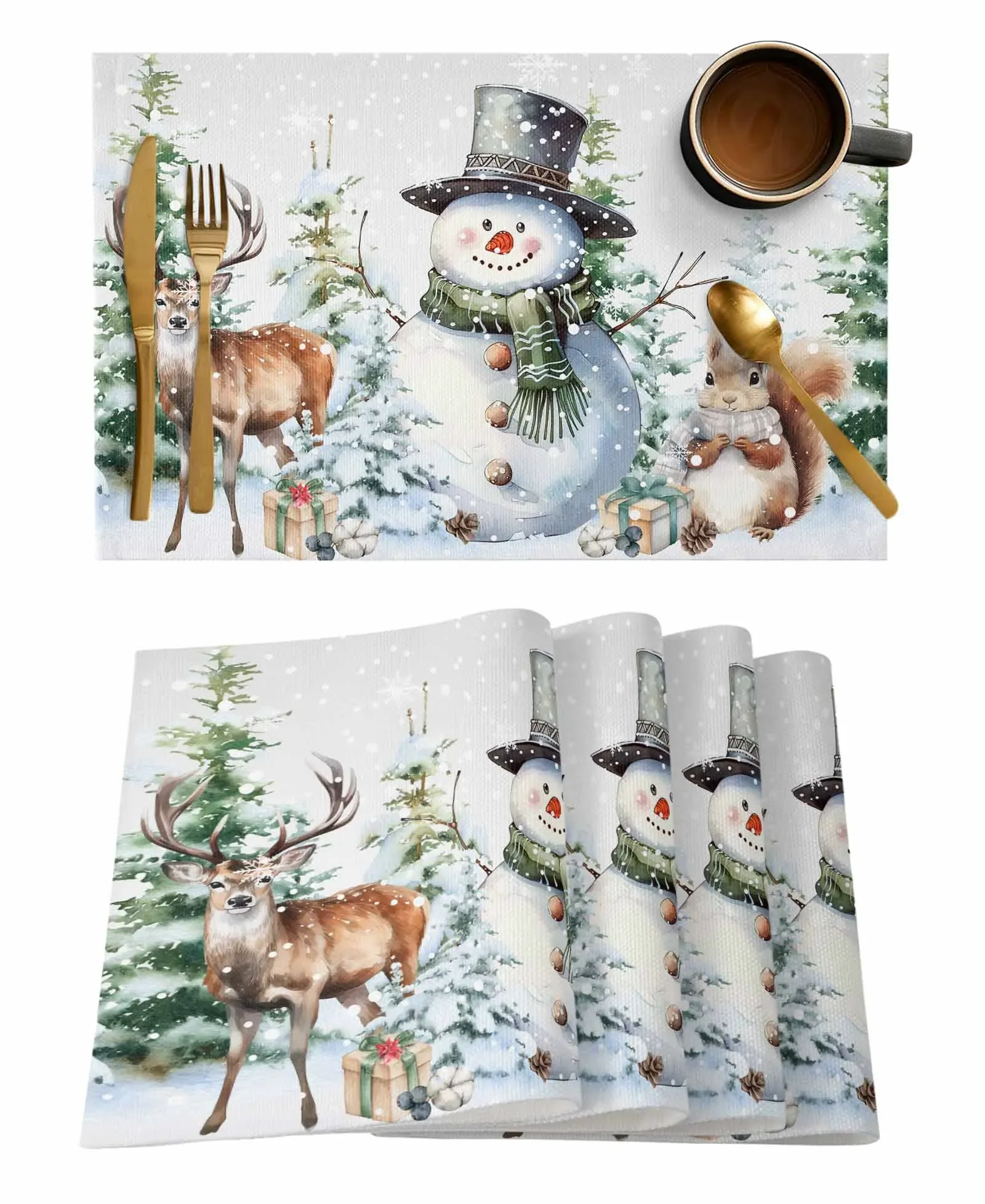 4PCS Christmas Snowman Berry Pine Christmas Tree Squirrel Placemats Linen Dining Table Mats Coaster Kitchen Home Decoration