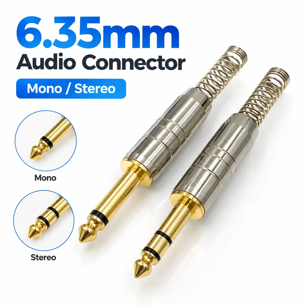 1Pcs 6.35mm Audio Jack Plug 2Pole 3Pole Spring Loaded 6.35mm Audio Connector Solder Connection Metal Mono Stereo Audio Plug