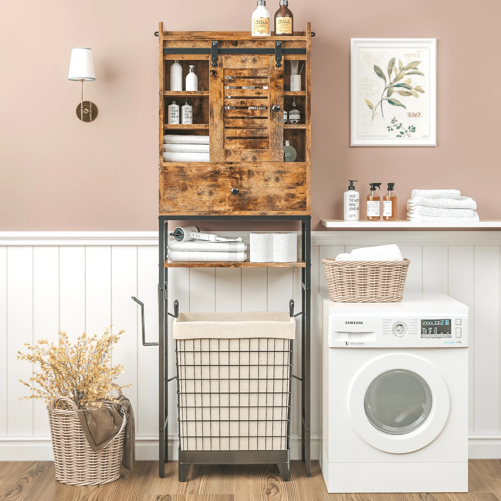 IRONCK Over The Toilet Storage Rack with Cabinet and Drawer, 6 Tier Adjustable Shelves, Sliding Door, Paper Hook, Brown