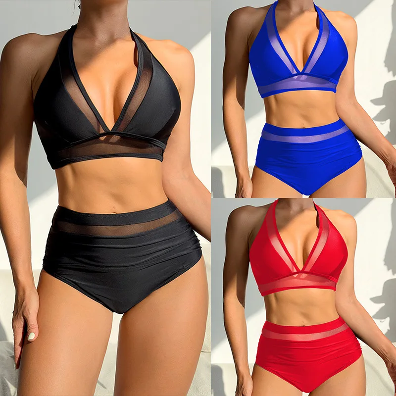 

Bikini mesh stitching strap sexy bikini split swimsuit swimsuit 2025 new