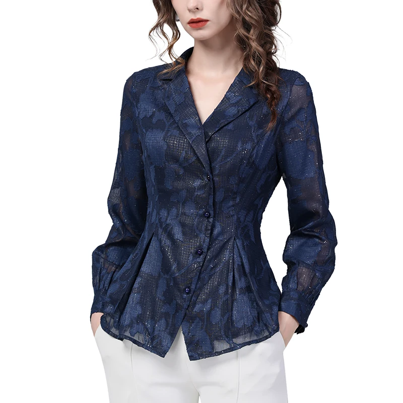 Elegant Suit Collar Women Chiffon Floral Blouse Long Sleeve V-neck Cinch Waist Embroidered Shirts Vintage Spring Summer Tops