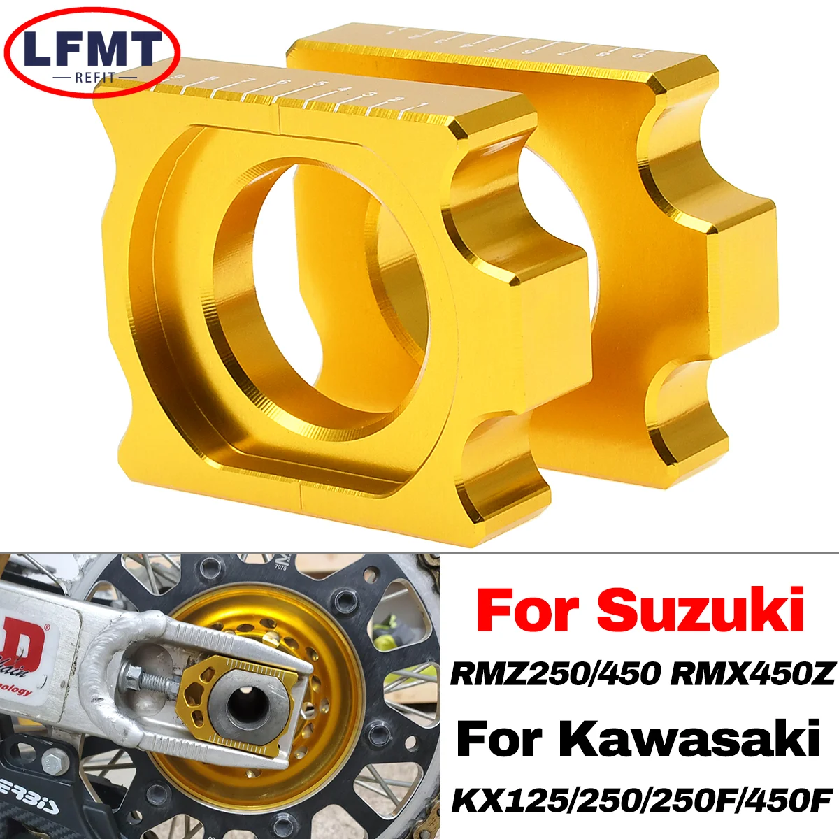 

Axle Blocks Chain Adjuster For Suzuki RMZ250 RMZ450 RMX450Z 2004-2019 For Kawasaki KX125 KX250 KX250F KX450F KLX450R 2003-2018