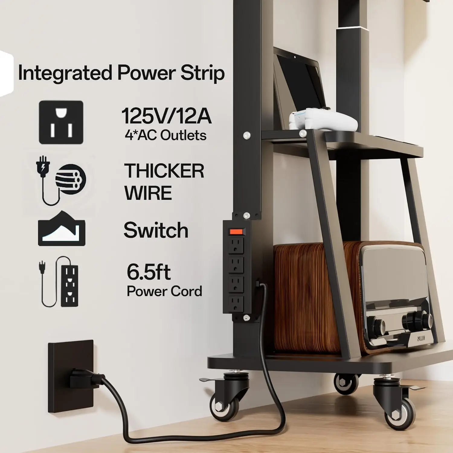 حامل تلفزيون دوار قابل لضبط الارتفاع مع مخرج طاقة، يناسب تلفزيونات 32-83 بوصة حتى 130 رطل، VESA 600 × 400 مم