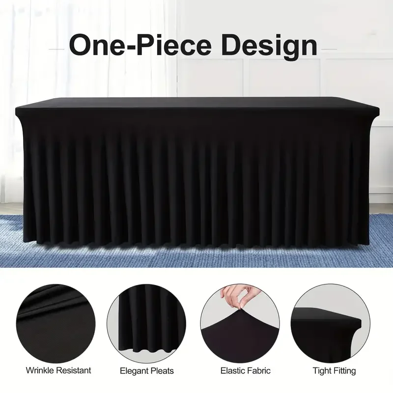 6ft, Rectangle Table Skirts, Polyester Fitted Table Covers, Black Table Cloth For 6 Ft Table With Skirt,Spandex Table Cover