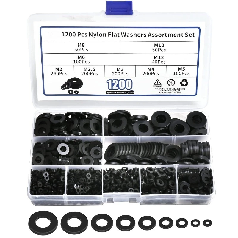 

1200Pcs Black Plastic Washers Premium Nylon Flat Washers Assortment Set M2 M2.5 M3 M4 M5 M6 M8 M10 M12 Gasket Kit