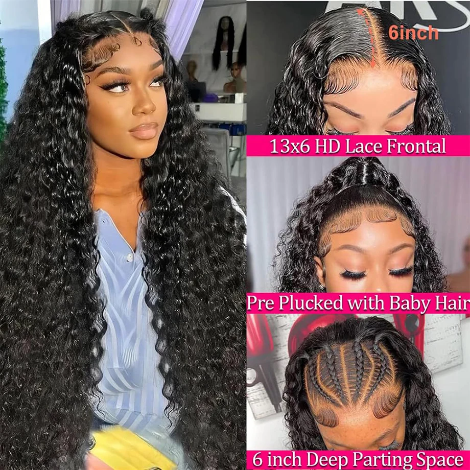 Deep Wave 13x6 transparent lace front perruque Brazilian Curl perruque Deep Wave Lace front perruque pré - peluche