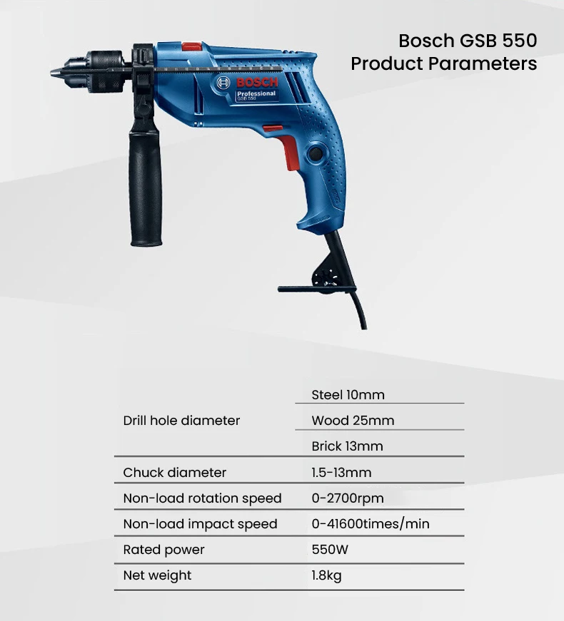 BoschGsb550 Brushless Impact Electronal Drill Professional Multi-Function 550W Wired Hand Hammer Power Tool Electric Screwdriver