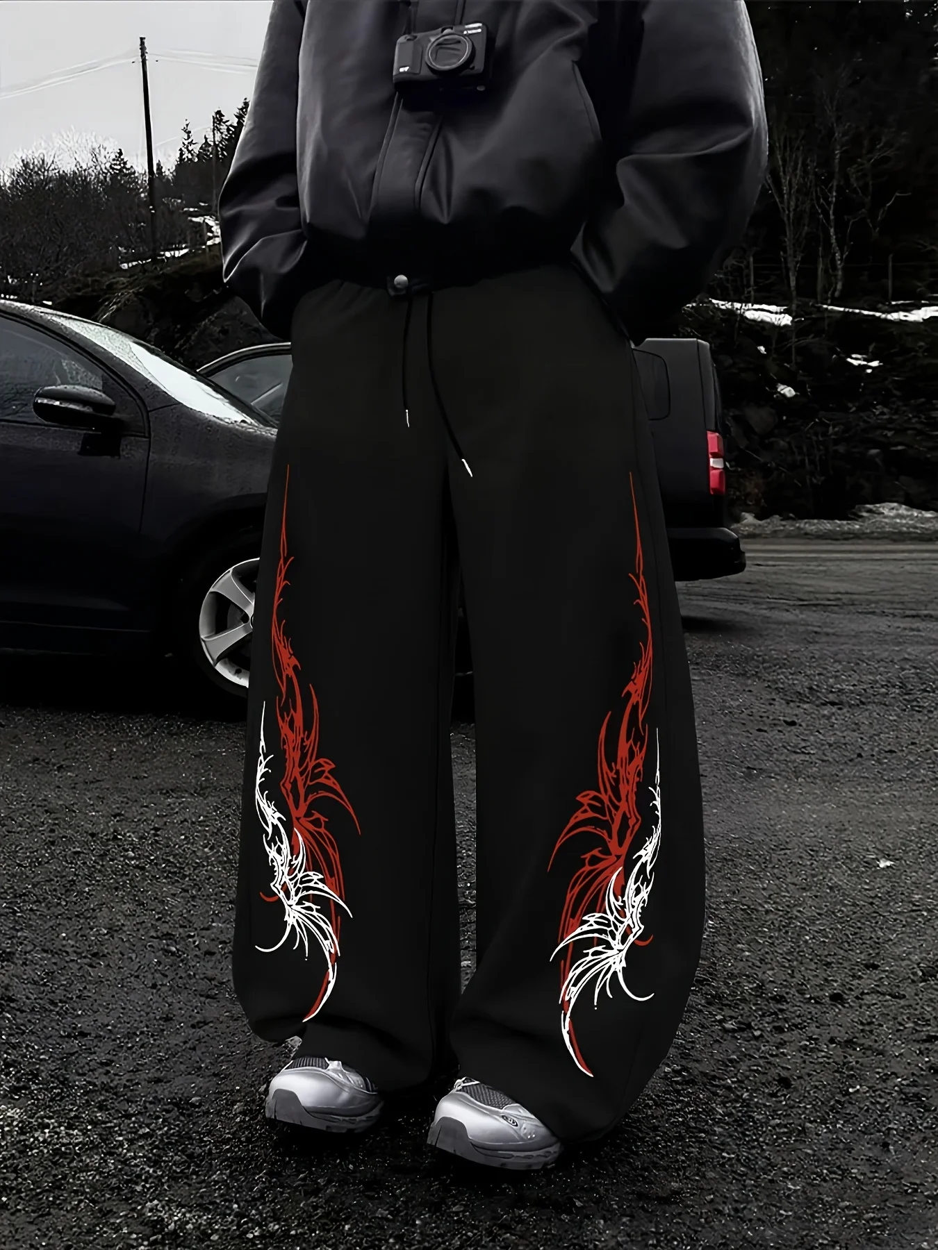 

Men's Gothic style dark casual jogging pants, loose straight leg drawstring waist long pants, comfortable jogging pants