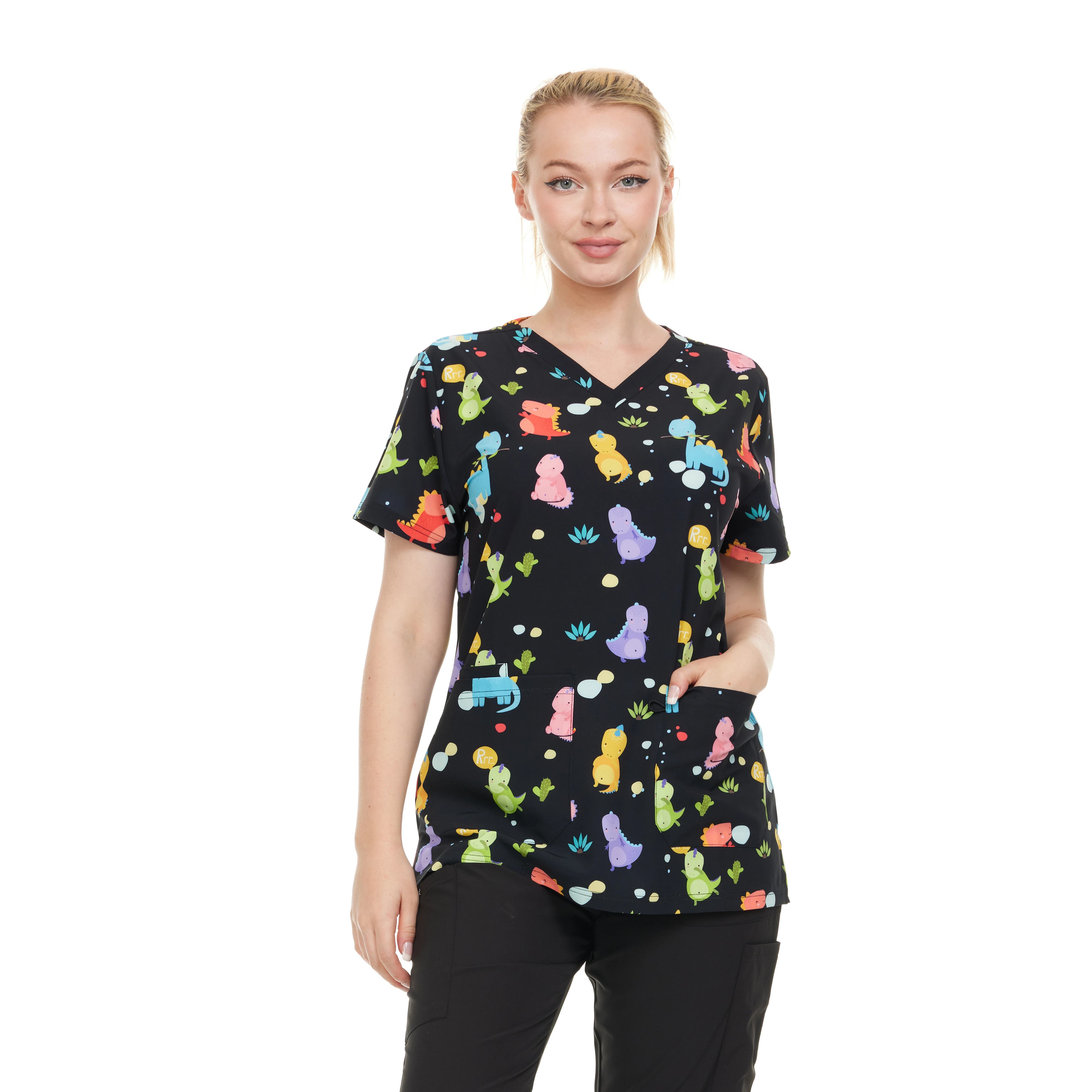 HEAL+WEAR Women's Scrub Top V-Neck Dino Print Multiple Convenient Pockets. 4-Way Stretch Spandex. Wrinkle-Resistant.