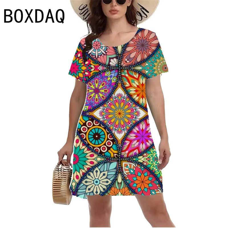 3D Colorful Gradient Cashew Kaleidoscope Pattern Dress Women Short Sleeve O-Neck Casual A-Line Dress Elegant Vintage A-Line Dres