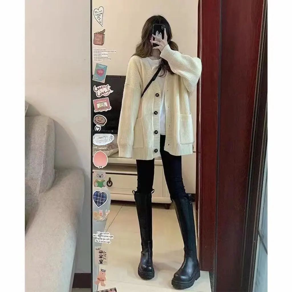 

plus Size Loose Mid-Length V-Neck Knitted Cardigan with Pockets Korean Style Lazy Sweater Coat for Women Autumn Winter New