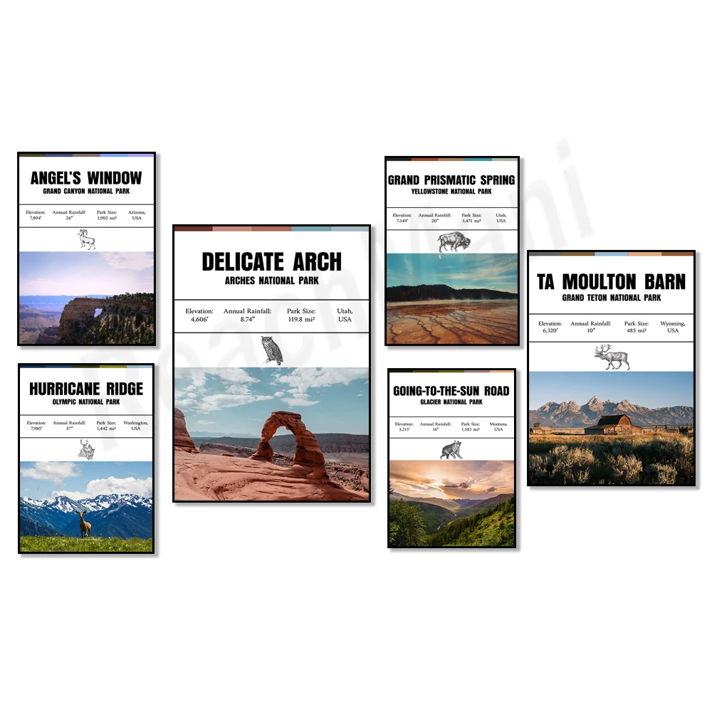 Grand Teton, Arches, Mount Rainier, Joshua Tree, Sequoia, Glacier, Grand Canyon, Yellowstone US National Park Travel Poster