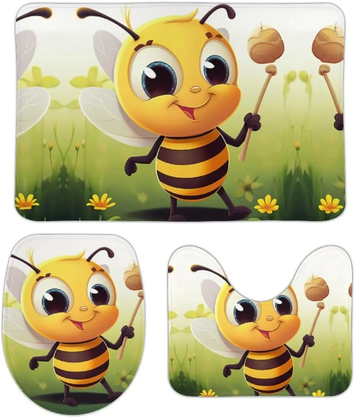 3 Piece Bath Rug Set Non Slip Absorbent Bath Mat Contour Mat with Toilet Lid Cover Bee Soft Floor Mats for Bathroom
