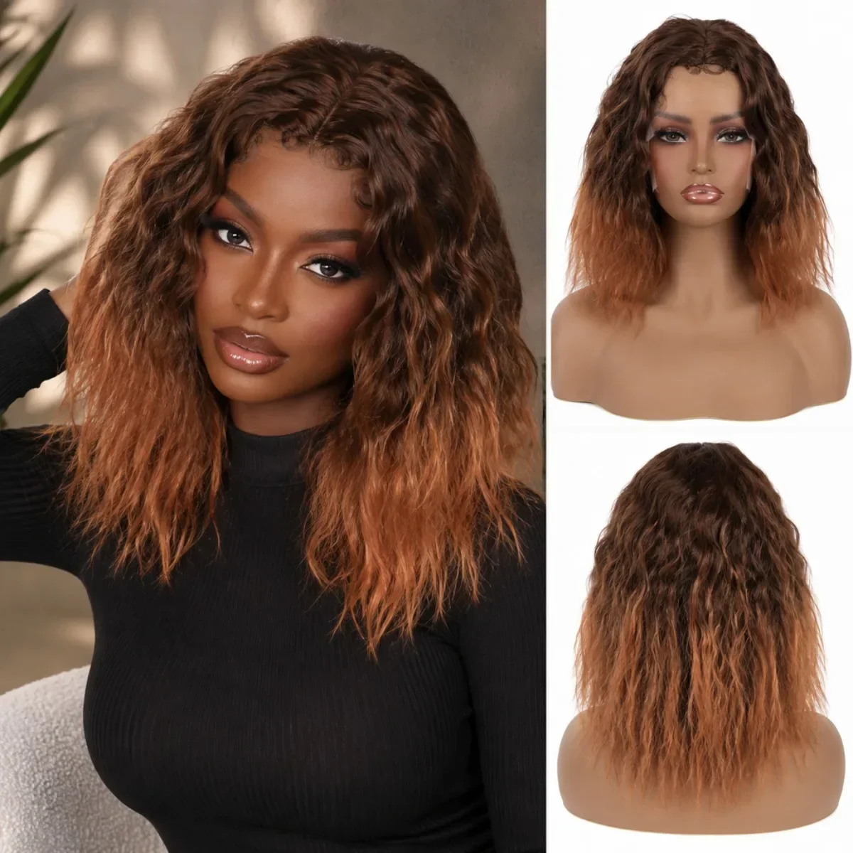 Ombre Brown to Light Brown Short Water Wave Lace Front Wigs for Black Women, Fluffy Curly Synthetic Wig Pre Plucked Hairline