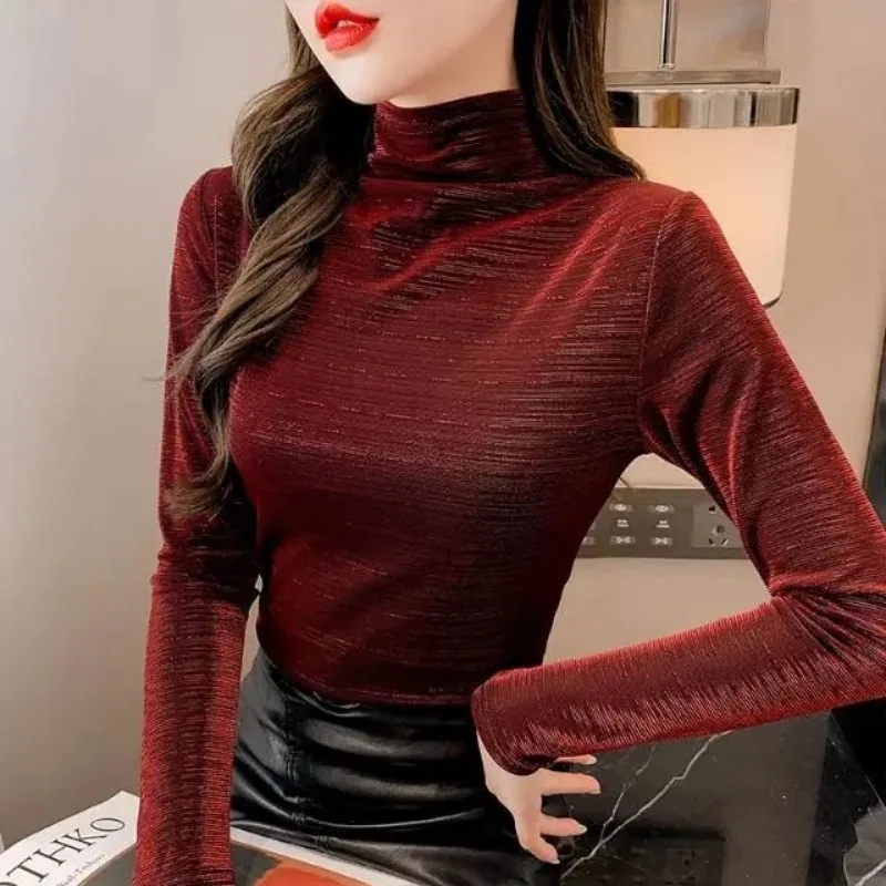 

Autumn and Winter New Women's High Collar Solid Color Bright Silk Long-sleeved Bottoming Shirt Western Style T-shirt Pullover