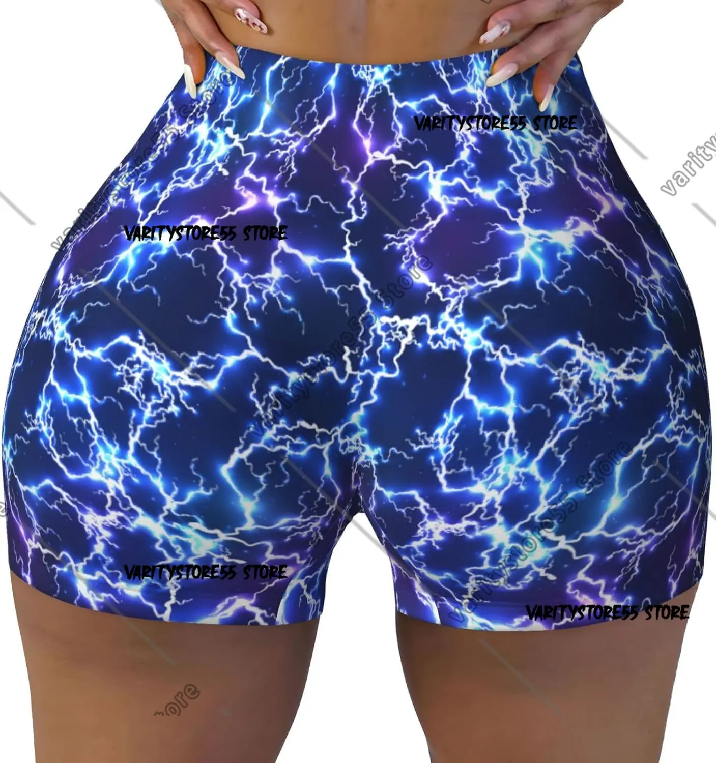 

Синие шорты для тренировок с принтом молний для женщин, бесшовные мягкие гладкие шорты для занятий йогой в тренажерном зале, активные шорты