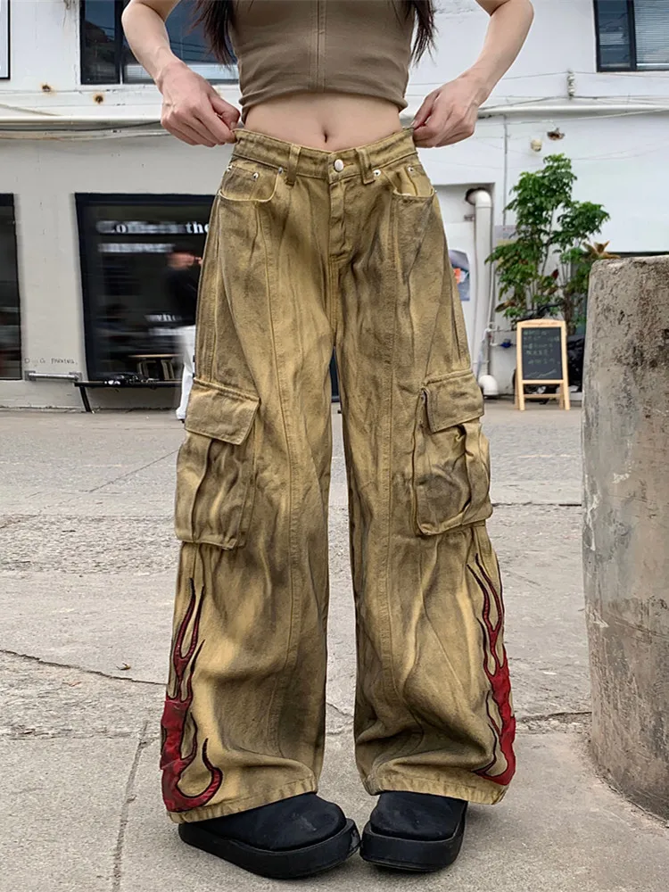 

2024 Ropa Grunge Y2K Streetwear Flame Embroidery khaki Baggy Jeans Cargo Pants Women 90S Vintage Clothes Loose Men Old Trousers