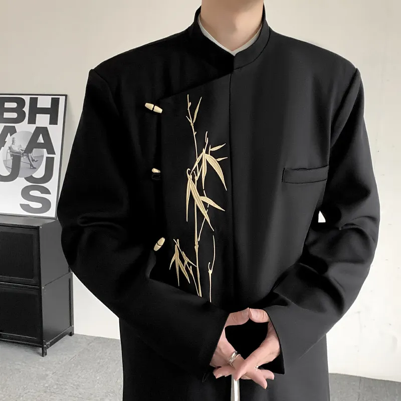 

New Chinese Sle Men's Jaet Bamboo Le Embroidery Stand Collar Suit Outerwear Polyester Fiber All Seasons Wedding Wear