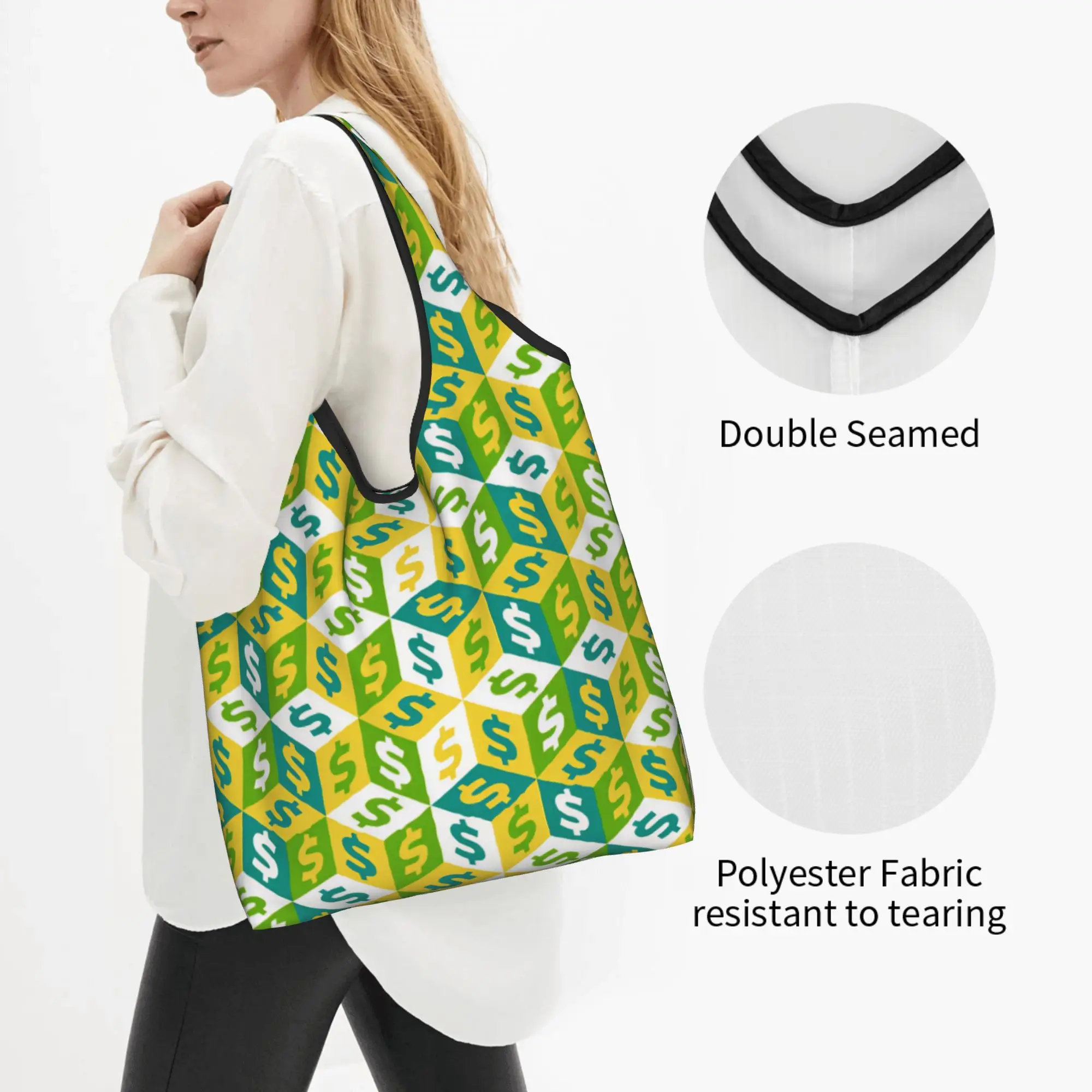 Kawaii Printing US 3D Cubes Geometric Dollar Sign Tote Shopping Bag Portable Shopper Shoulder  Handbag