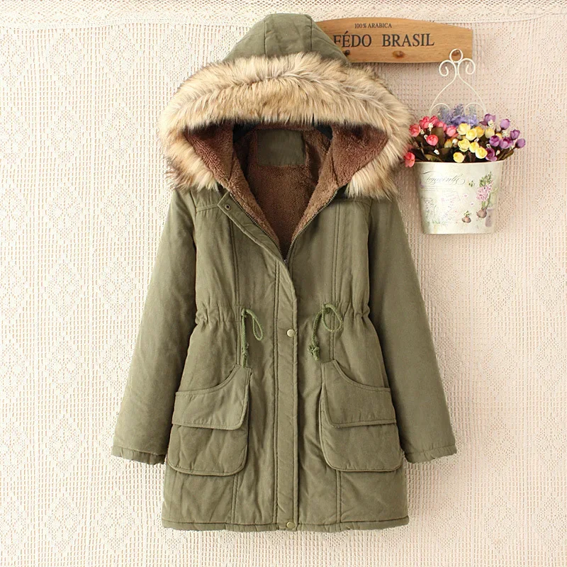 Autumn and Winter New European and American Style Medium Long Drawstring Slim Fit Hooded Big Fur Collar Cotton Jacket for Women