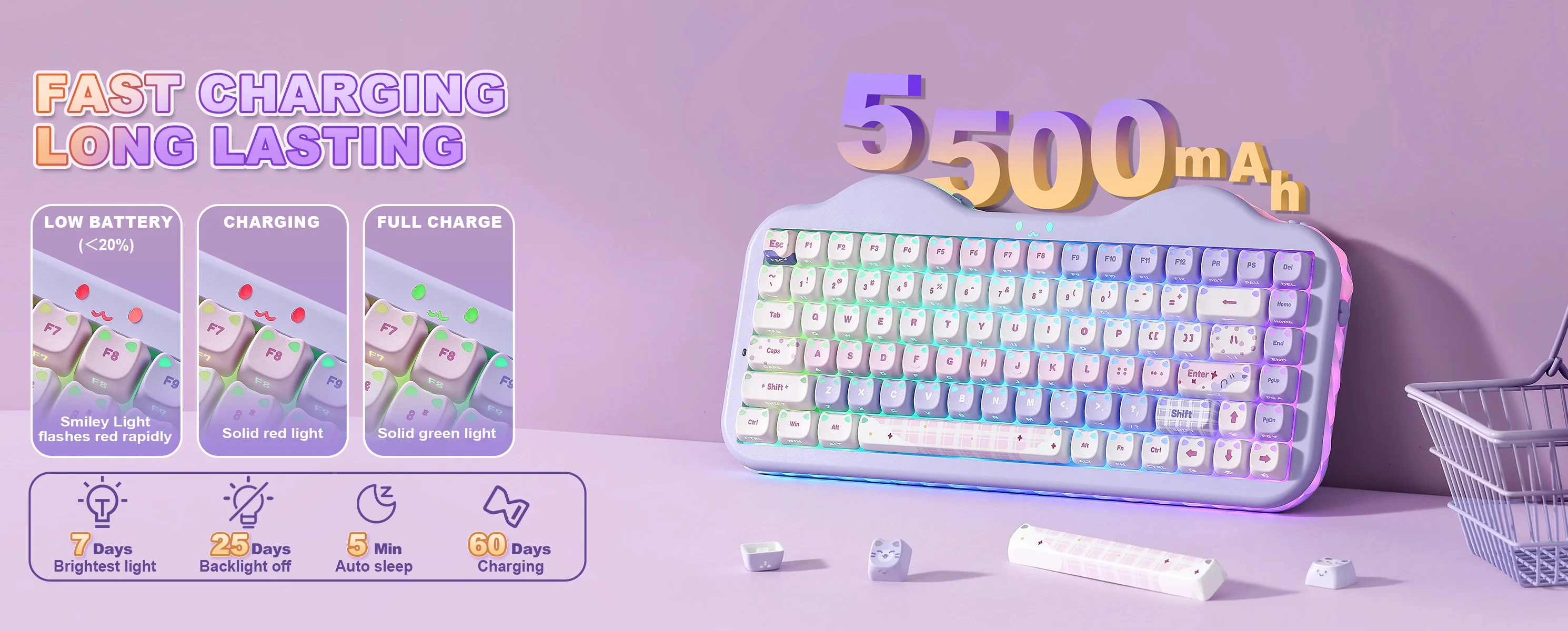 YUNZII C75 MAO Edition Mechanical Keyboard,Cute Ear Translucent Keycap,Wireless 75% NKRO Keyboards,RGB Cake Design for Win/Mac