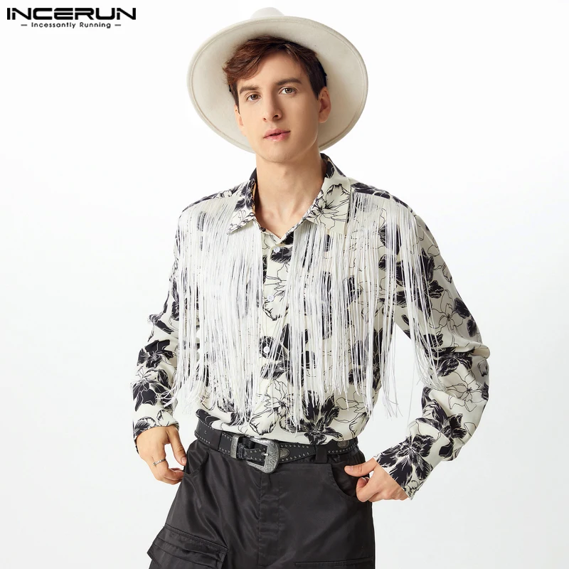 2024 INCERUN Men Elegant Long Sleeve Shirts Floral Printed Tops Handsome Tassel Splicing Turn Down Collar Button Loose Blouses