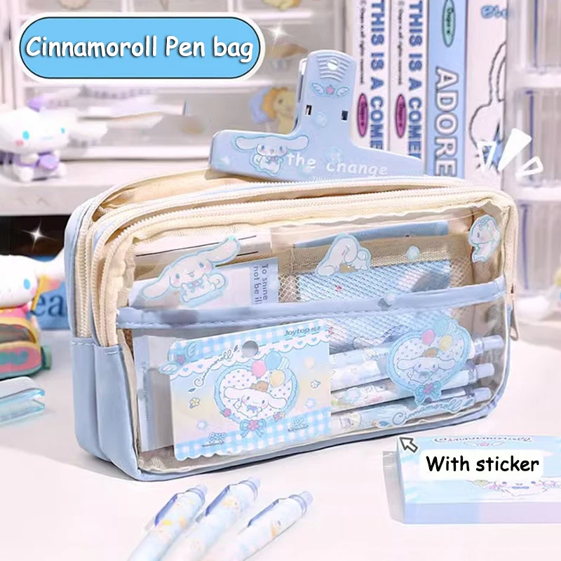 Sanrio Cinnamoroll 연필 케이스 만화 Kuromi 더블 데크 대용량 펜 가방 귀여운 학생 문구 보관 어린이 선물