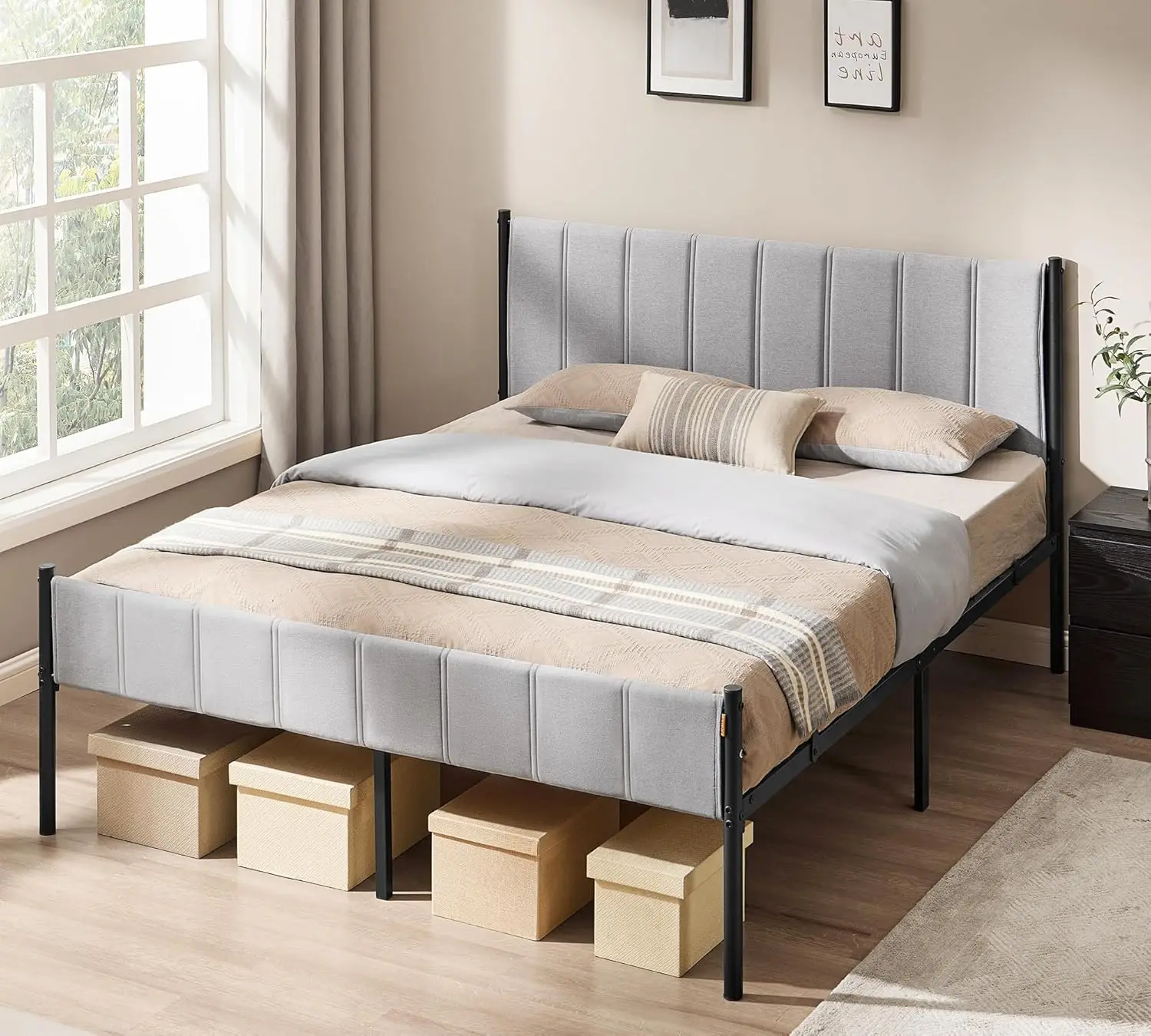 

Queen Bed Frame with Upholstered Headboard,Metal Bed Frame Queen Size with Footboard,1100lb Weight Capacity,No Box Spring Needed