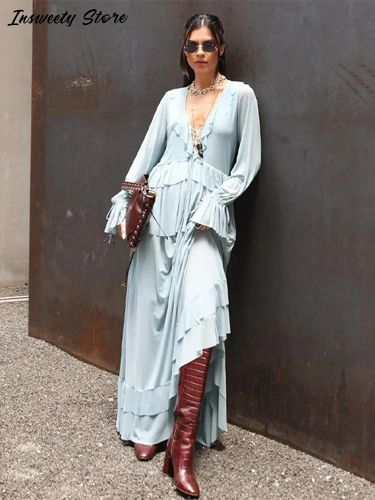 

Casual Ruffled Shirt Skirts Set Women Chiffon V-neck Long Sleeve Lace Up Top High Waisted A-line Skirt 2025 Autumn New Lady Suit