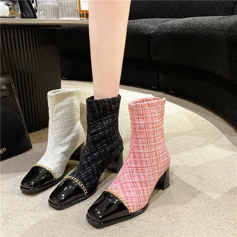 2023 Winter Ankle Boots for Women Fashion Back Zippers Short Boots Elegant Mix Colors 6cm Thick High Heel Shoes Botines