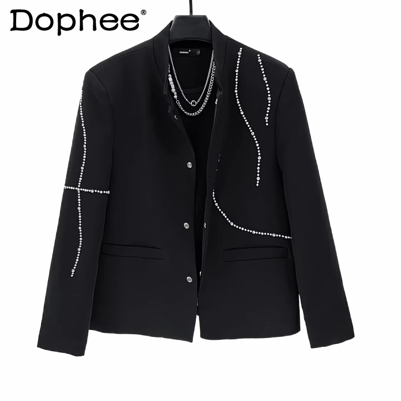 

Men's 2025 Autumn New Stand Collar Solid Color Suit Jackets Fashion Beaded Stylish Loose Blazers Masculinity Chic Tailored Coats