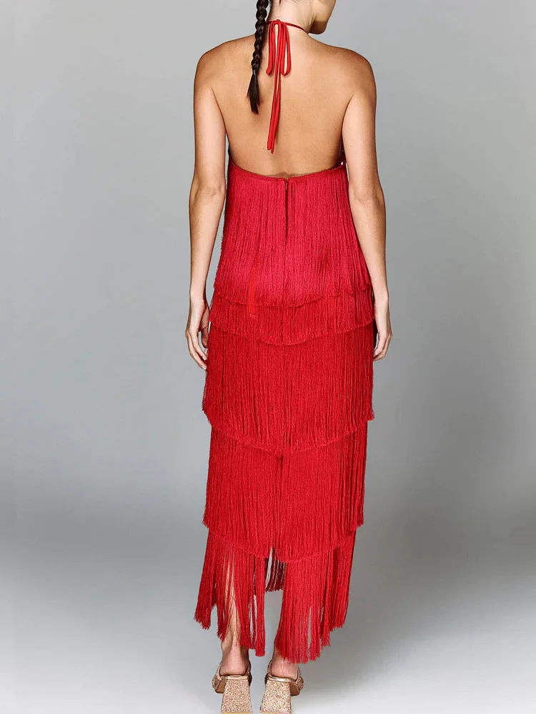 Tassel Patchwork Loungewear Fashion Maxi Dress, Women Summer Sleeveless Halter Party Dress, 2024 Solid High Street Ladies Dress
