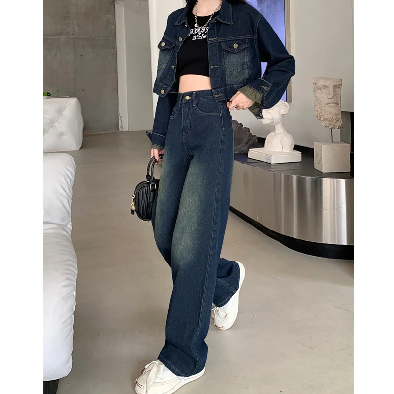 Women Fashion Denim Matching Sets Japan Korean Vintage Short Jackets Wide Leg Pants 2 Piece Suit Spring Summer Coat Jeans Outfit