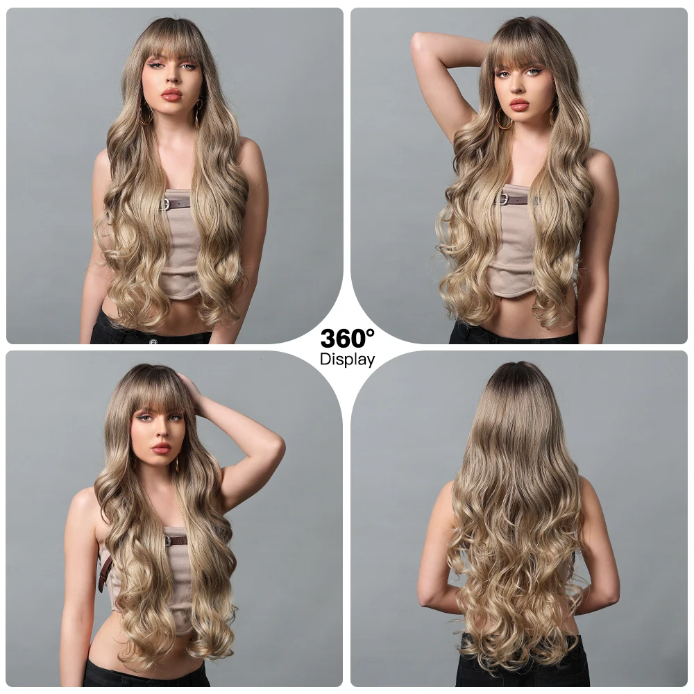 Blonde braune Ombre super lange lockige gewellte synthetische Perücken mit Pony für Frauen Welle tägliche Cosplay Perücke hitze beständiges Natur