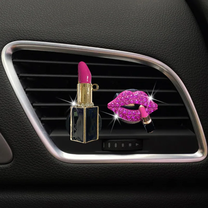 1Set Shiny Crystal Car Air Outlet Lipstick/Lip Design Decoration Clip Air Freshener Natural Scent Car Aromatherapy Accessories