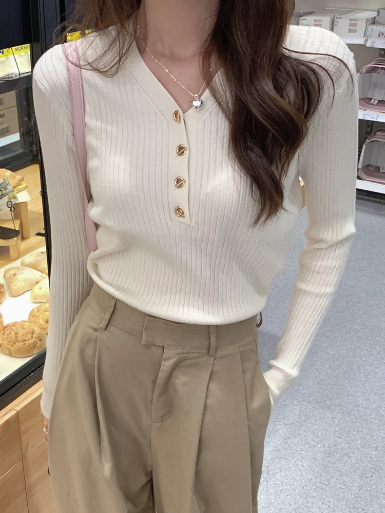 Slim Fit Lange Sve V-Ne T-shirt Dames Faion Herfst Nieuwe Sle Nauwsluitende Gebreide Basis Irt Innerlijke Slijtage trui Top