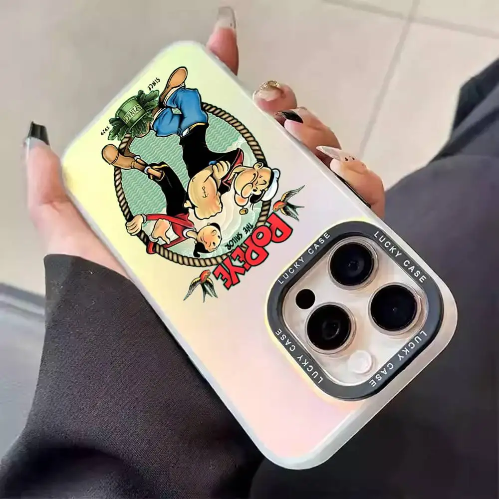 1pc Cute Cartoon P-Popeye Phone Case Laser IMD Color Silver Shell For IPhone 17 16 15 14 13 12 11 Air Pro Max Plus