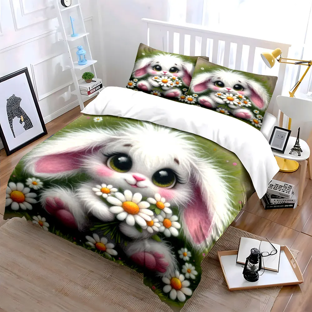 Fluffy bunny with white daisies Print Soft Comfortable Duvet Cover Bedding Set Included 1*Duvet Cover 2*Pillowcases