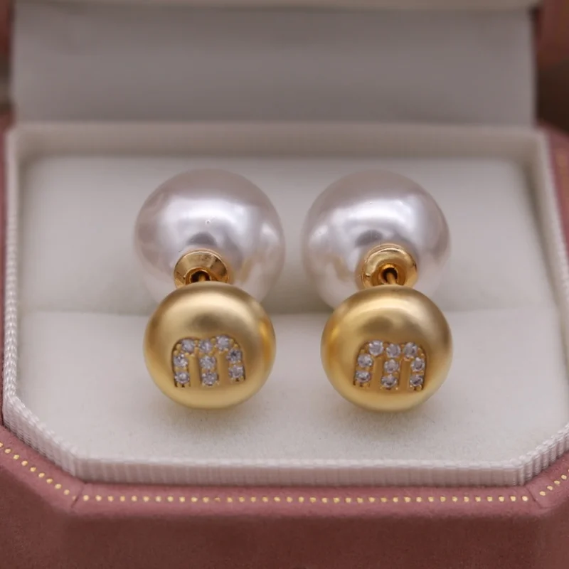 Korean new fashion jewelry 14K sub-gold plated letters M pearls wearing earrings front back elegant women's daily accessories