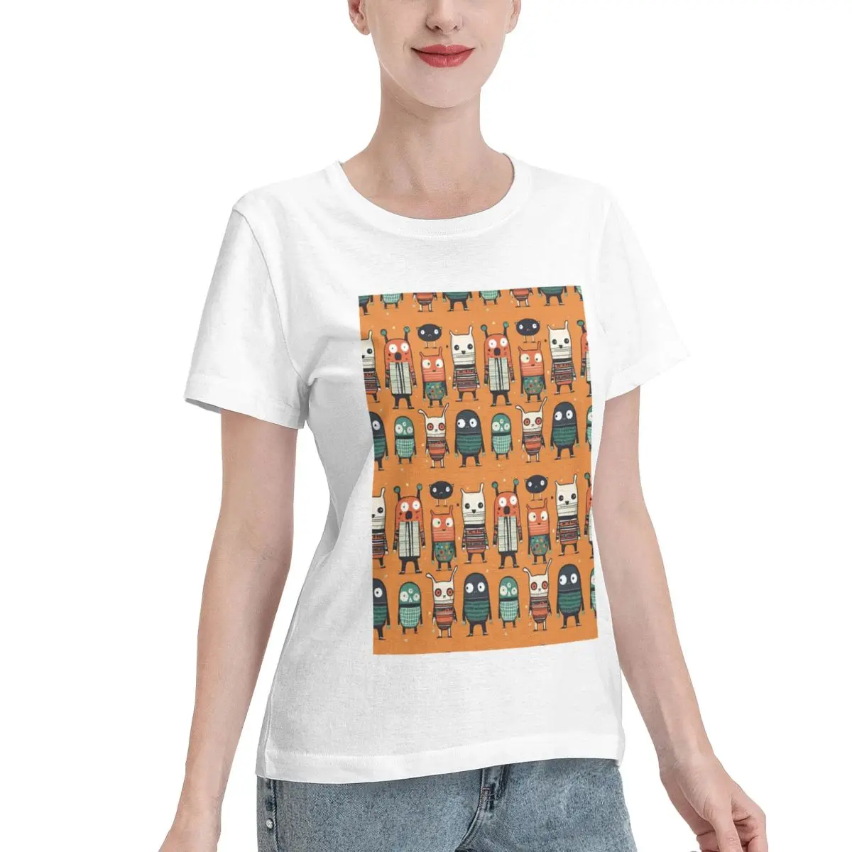 Spring Musthave Pattern Crazy Cute Monsters Illustration Cartoon Orange Women's T-shirt Stylish Solid Color Tee